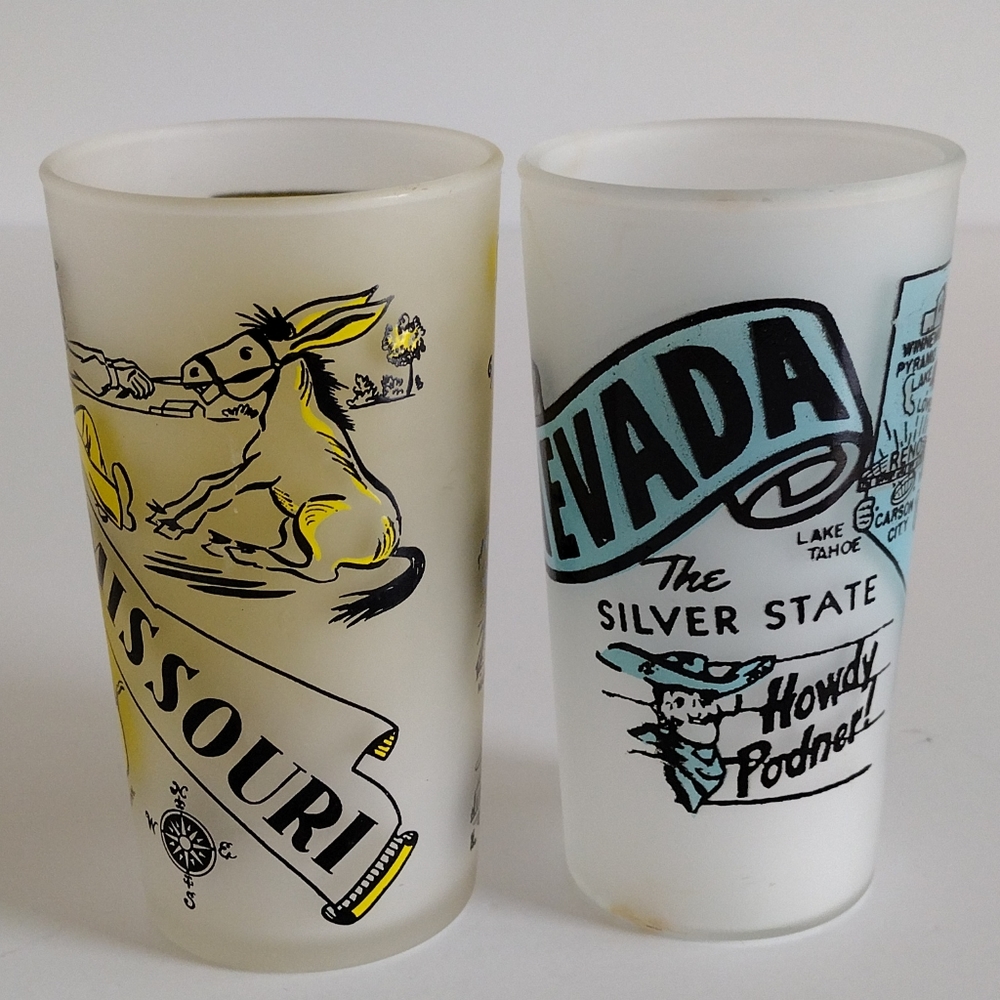 Nevada and Hazel Atlas Missouri Frosted Glasses